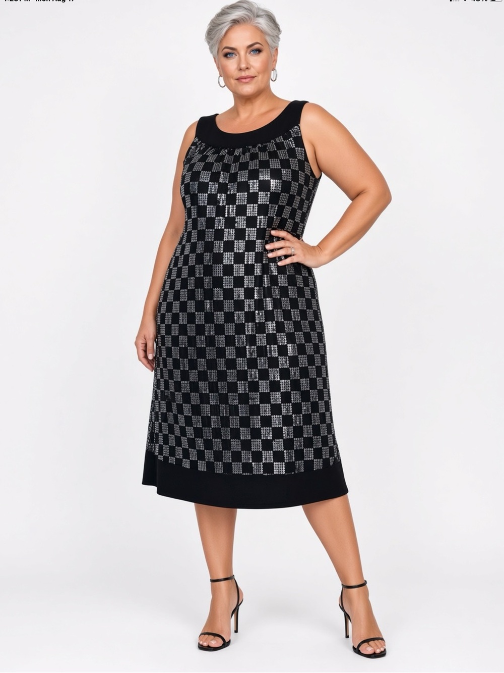Sleeveless Black & Silver Sequin Check Knit A-Line Dress